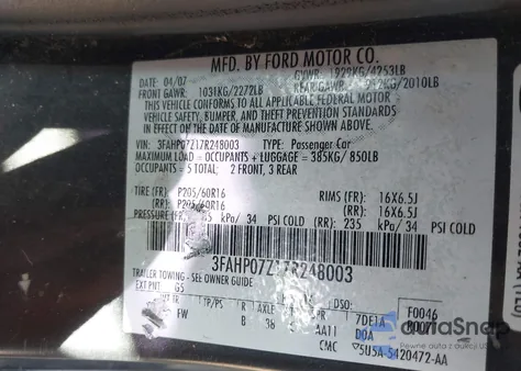 2007 Ford Fusion Se from USA, damaged, VIN 3FAHP07Z17R248003